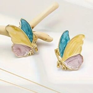 Butterfly Multi-Color Enamel Stud Earrings - Gold Tone
